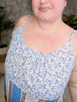 Dorothea Midi Tank Dress in Blue + Mocha Patchwork Florals-11- Dress/Romp/Jump-Davi and Dani-Styled by Stacked - A Plus Size Women's Boutique in Lakeville, MN