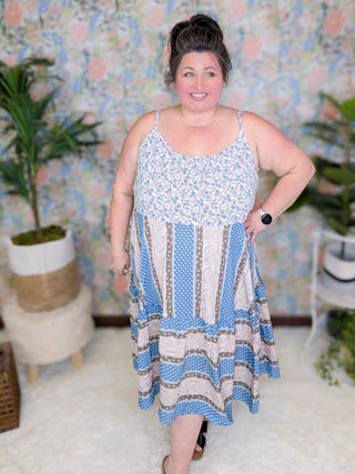 Dorothea Midi Tank Dress in Blue + Mocha Patchwork Florals-11- Dress/Romp/Jump-Davi and Dani-Styled by Stacked - A Plus Size Women's Boutique in Lakeville, MN