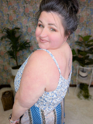 Dorothea Midi Tank Dress in Blue + Mocha Patchwork Florals-11- Dress/Romp/Jump-Davi and Dani-Styled by Stacked - A Plus Size Women's Boutique in Lakeville, MN