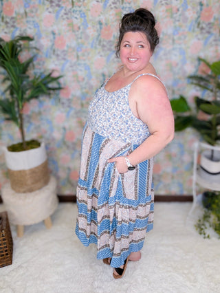 Dorothea Midi Tank Dress in Blue + Mocha Patchwork Florals-11- Dress/Romp/Jump-Davi and Dani-Styled by Stacked - A Plus Size Women's Boutique in Lakeville, MN
