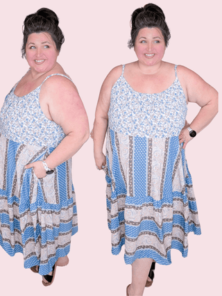 Dorothea Midi Tank Dress in Blue + Mocha Patchwork Florals-11- Dress/Romp/Jump-Davi and Dani-Styled by Stacked - A Plus Size Women's Boutique in Lakeville, MN