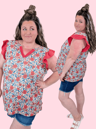 1- ShortSlv/Slvless Tops Eden Flutter Sleeve Floral Top in Red & Blue Mix plus size clothing