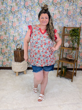 1- ShortSlv/Slvless Tops Eden Flutter Sleeve Floral Top in Red & Blue Mix plus size clothing