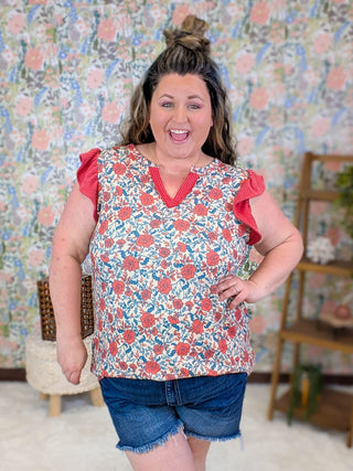 1- ShortSlv/Slvless Tops Eden Flutter Sleeve Floral Top in Red & Blue Mix plus size clothing