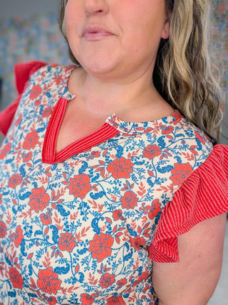 1- ShortSlv/Slvless Tops Eden Flutter Sleeve Floral Top in Red & Blue Mix plus size clothing
