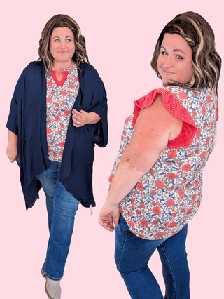1- ShortSlv/Slvless Tops Eden Flutter Sleeve Floral Top in Red & Blue Mix plus size clothing