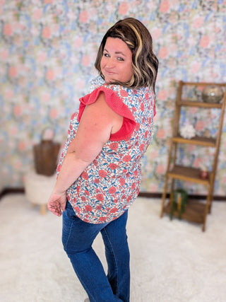 1- ShortSlv/Slvless Tops Eden Flutter Sleeve Floral Top in Red & Blue Mix plus size clothing