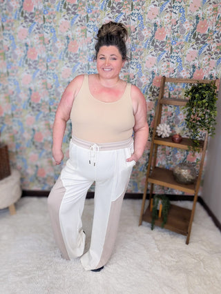 10- Bottoms Non-Denim Edie Scuba Pants Ivory + Taupe plus size clothing