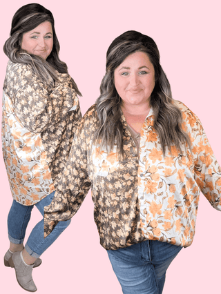 Effie Slinky Buttondown Blouse in Fall Florals-2- Long Sleeve Tops-entro-Styled by Stacked - A Plus Size Women's Boutique in Lakeville, MN
