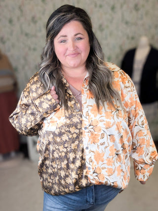 Effie Slinky Buttondown Blouse in Fall Florals-2- Long Sleeve Tops-entro-Styled by Stacked - A Plus Size Women's Boutique in Lakeville, MN