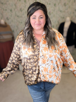 Effie Slinky Buttondown Blouse in Fall Florals-2- Long Sleeve Tops-entro-Styled by Stacked - A Plus Size Women's Boutique in Lakeville, MN
