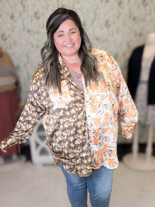 Effie Slinky Buttondown Blouse in Fall Florals-2- Long Sleeve Tops-entro-Styled by Stacked - A Plus Size Women's Boutique in Lakeville, MN