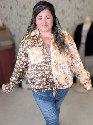 Effie Slinky Buttondown Blouse in Fall Florals-2- Long Sleeve Tops-entro-Styled by Stacked - A Plus Size Women's Boutique in Lakeville, MN