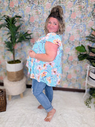 Eleanor Flowy Tiered Top in Aqua Mint Floral-1- ShortSlv/Slvless Tops-BE STAGE-Styled by Stacked - A Plus Size Women's Boutique in Lakeville, MN