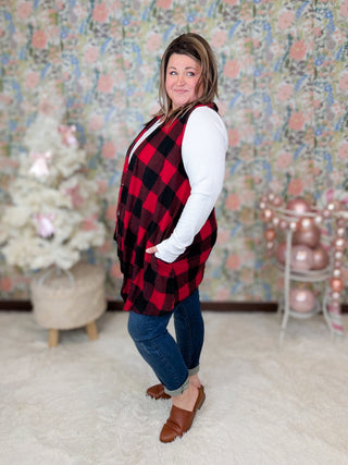 Elena Buffalo Plaid Open Vest w/Pockets in Red-4- Overlayer Tops-HEIMISH-Styled by Stacked - A Plus Size Women's Boutique in Lakeville, MN