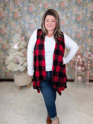 Elena Buffalo Plaid Open Vest w/Pockets in Red-4- Overlayer Tops-HEIMISH-Styled by Stacked - A Plus Size Women's Boutique in Lakeville, MN