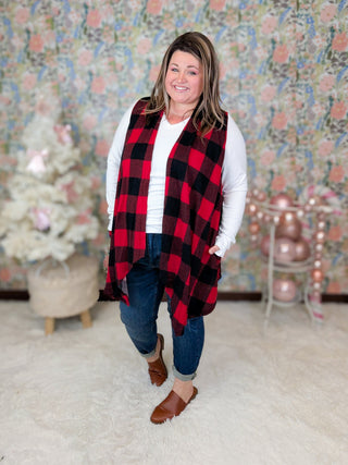Elena Buffalo Plaid Open Vest w/Pockets in Red-4- Overlayer Tops-HEIMISH-Styled by Stacked - A Plus Size Women's Boutique in Lakeville, MN