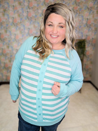 Elisa Button Detail Long Sleeve Raglan in Stripes-2- Long Sleeve Tops-EMERALD-Styled by Stacked - A Plus Size Women's Boutique in Lakeville, MN