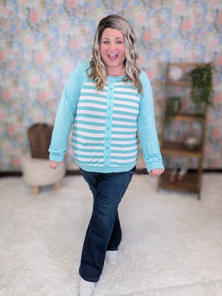 Elisa Button Detail Long Sleeve Raglan in Stripes-2- Long Sleeve Tops-EMERALD-Styled by Stacked - A Plus Size Women's Boutique in Lakeville, MN