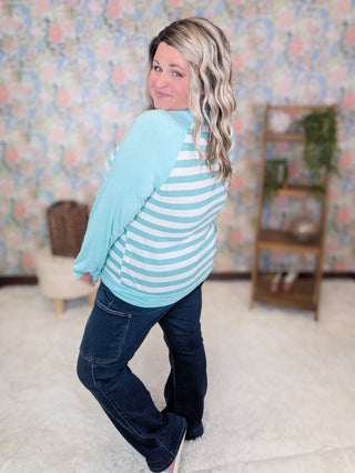 Elisa Button Detail Long Sleeve Raglan in Stripes-2- Long Sleeve Tops-EMERALD-Styled by Stacked - A Plus Size Women's Boutique in Lakeville, MN