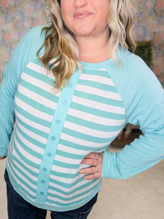 Elisa Button Detail Long Sleeve Raglan in Stripes-2- Long Sleeve Tops-EMERALD-Styled by Stacked - A Plus Size Women's Boutique in Lakeville, MN