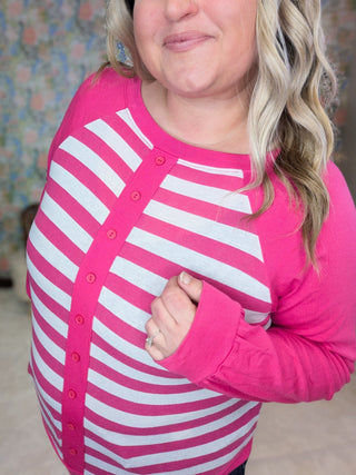 Elisa Button Detail Long Sleeve Raglan in Stripes-2- Long Sleeve Tops-EMERALD-Styled by Stacked - A Plus Size Women's Boutique in Lakeville, MN