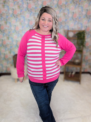 Elisa Button Detail Long Sleeve Raglan in Stripes-2- Long Sleeve Tops-EMERALD-Styled by Stacked - A Plus Size Women's Boutique in Lakeville, MN