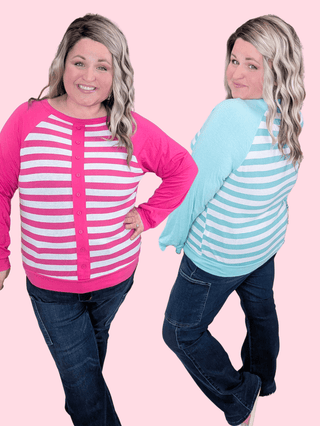 Elisa Button Detail Long Sleeve Raglan in Stripes-2- Long Sleeve Tops-EMERALD-Styled by Stacked - A Plus Size Women's Boutique in Lakeville, MN
