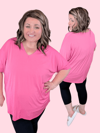 1- ShortSlv/Slvless Tops Eliza Short Sleeve Dolman Vneck Top in Pink plus size clothing