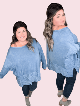 Elizabeth Slouchy Boatneck Top w/Pockets in Mineral Denim Blue-2- Long Sleeve Tops-WHITE BIRCH-Styled by Stacked - A Plus Size Women's Boutique in Lakeville, MN