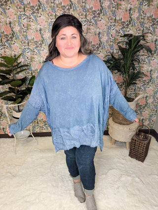 Elizabeth Slouchy Boatneck Top w/Pockets in Mineral Denim Blue-2- Long Sleeve Tops-WHITE BIRCH-Styled by Stacked - A Plus Size Women's Boutique in Lakeville, MN