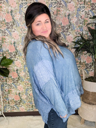 Elizabeth Slouchy Boatneck Top w/Pockets in Mineral Denim Blue-2- Long Sleeve Tops-WHITE BIRCH-Styled by Stacked - A Plus Size Women's Boutique in Lakeville, MN