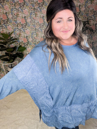 Elizabeth Slouchy Boatneck Top w/Pockets in Mineral Denim Blue-2- Long Sleeve Tops-WHITE BIRCH-Styled by Stacked - A Plus Size Women's Boutique in Lakeville, MN
