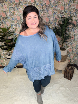 Elizabeth Slouchy Boatneck Top w/Pockets in Mineral Denim Blue-2- Long Sleeve Tops-WHITE BIRCH-Styled by Stacked - A Plus Size Women's Boutique in Lakeville, MN