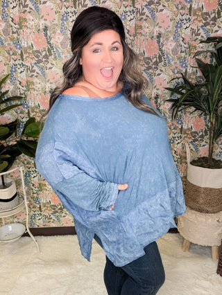 Elizabeth Slouchy Boatneck Top w/Pockets in Mineral Denim Blue-2- Long Sleeve Tops-WHITE BIRCH-Styled by Stacked - A Plus Size Women's Boutique in Lakeville, MN