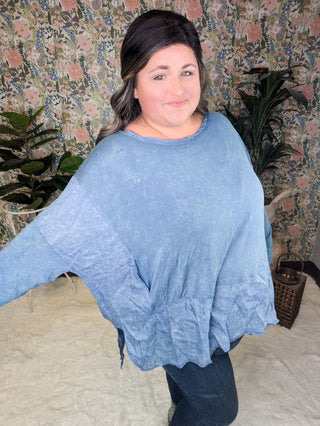 Elizabeth Slouchy Boatneck Top w/Pockets in Mineral Denim Blue-2- Long Sleeve Tops-WHITE BIRCH-Styled by Stacked - A Plus Size Women's Boutique in Lakeville, MN