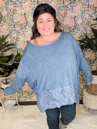 Elizabeth Slouchy Boatneck Top w/Pockets in Mineral Denim Blue-2- Long Sleeve Tops-WHITE BIRCH-Styled by Stacked - A Plus Size Women's Boutique in Lakeville, MN