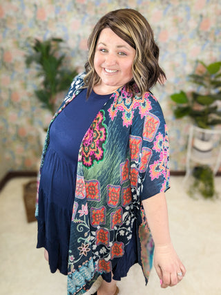 $0 Down Preorder: Ellie Bright Mix Bold Print Kimono on Navy-4- Overlayer Tops-urbanista-Styled by Stacked - A Plus Size Women's Boutique in Lakeville, MN