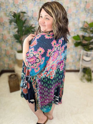 $0 Down Preorder: Ellie Bright Mix Bold Print Kimono on Navy-4- Overlayer Tops-urbanista-Styled by Stacked - A Plus Size Women's Boutique in Lakeville, MN