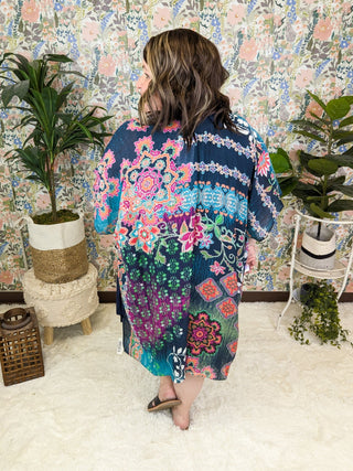 $0 Down Preorder: Ellie Bright Mix Bold Print Kimono on Navy-4- Overlayer Tops-urbanista-Styled by Stacked - A Plus Size Women's Boutique in Lakeville, MN