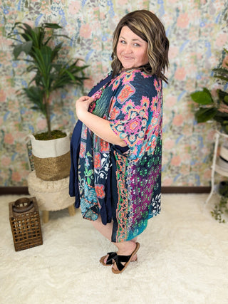 $0 Down Preorder: Ellie Bright Mix Bold Print Kimono on Navy-4- Overlayer Tops-urbanista-Styled by Stacked - A Plus Size Women's Boutique in Lakeville, MN