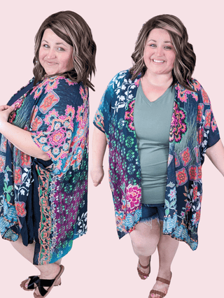 $0 Down Preorder: Ellie Bright Mix Bold Print Kimono on Navy-4- Overlayer Tops-urbanista-Styled by Stacked - A Plus Size Women's Boutique in Lakeville, MN