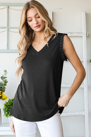Elodie Pointelle Knit Vneck Tank w/Ruffle Accent (3 Colors)-1- ShortSlv/Slvless Tops-HEIMISH-Styled by Stacked - A Plus Size Women's Boutique in Lakeville, MN