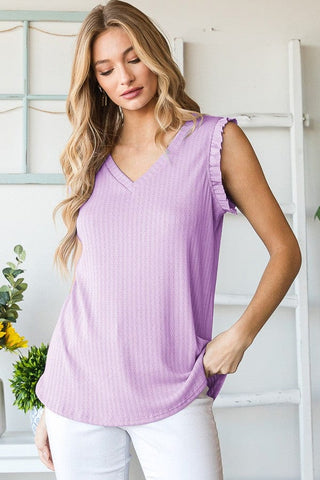 Elodie Pointelle Knit Vneck Tank w/Ruffle Accent (3 Colors)-1- ShortSlv/Slvless Tops-HEIMISH-Styled by Stacked - A Plus Size Women's Boutique in Lakeville, MN
