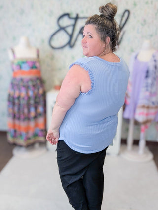 Elodie Pointelle Knit Vneck Tank w/Ruffle Accent (3 Colors)-1- ShortSlv/Slvless Tops-HEIMISH-Styled by Stacked - A Plus Size Women's Boutique in Lakeville, MN