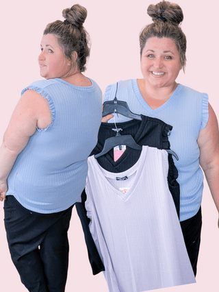 Elodie Pointelle Knit Vneck Tank w/Ruffle Accent (3 Colors)-1- ShortSlv/Slvless Tops-HEIMISH-Styled by Stacked - A Plus Size Women's Boutique in Lakeville, MN