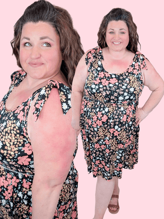 11- Dress/Romp/Jump Eloise Scoopneck Tie Shoulder Dress in Floral on Black plus size clothing