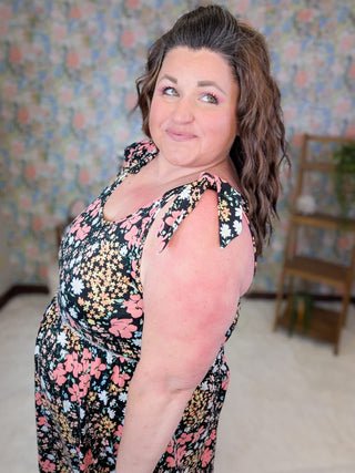 11- Dress/Romp/Jump Eloise Scoopneck Tie Shoulder Dress in Floral on Black plus size clothing