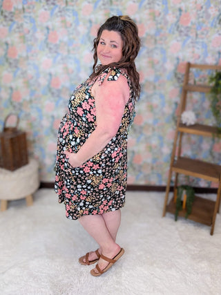11- Dress/Romp/Jump Eloise Scoopneck Tie Shoulder Dress in Floral on Black plus size clothing