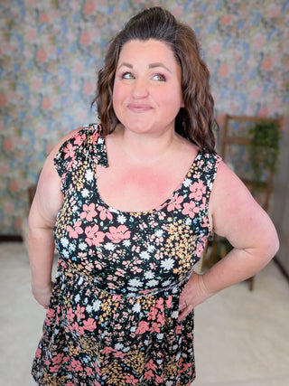 11- Dress/Romp/Jump Eloise Scoopneck Tie Shoulder Dress in Floral on Black plus size clothing
